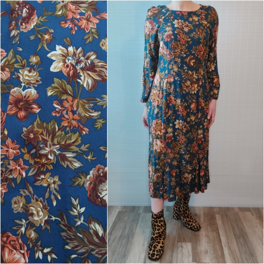 Vintage 90s Leslie Fay Dark Floral Print Long Sleeve Midi Dress Large